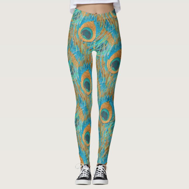 PixDezines Handdrawn H2 Peacock/Cobalt/Aqua Blue Leggings (Front)