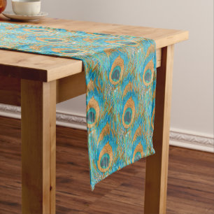 PixDezines Handdrawn H2 Peacock/Cobalt/Aqua Blue Short Table Runner