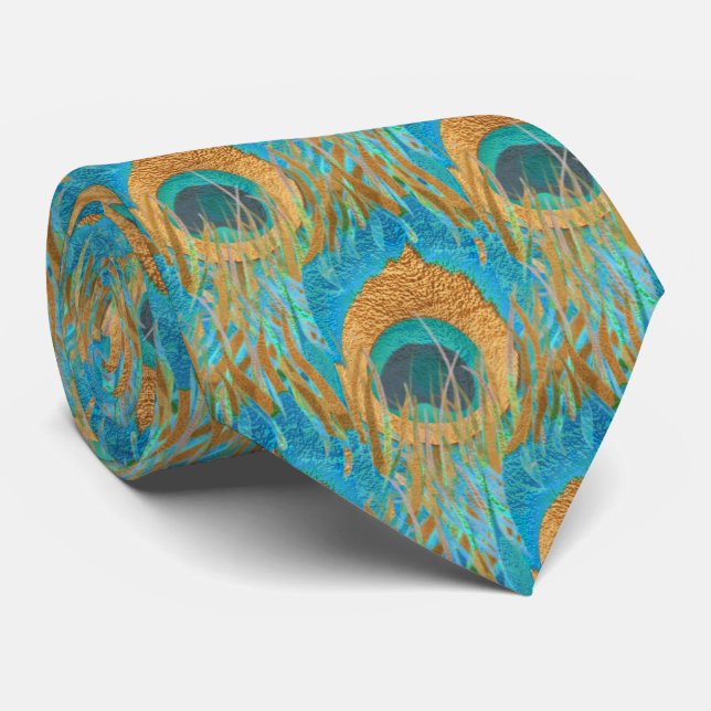 PixDezines Handdrawn H2 Peacock/Cobalt/Aqua Blue Tie (Rolled)