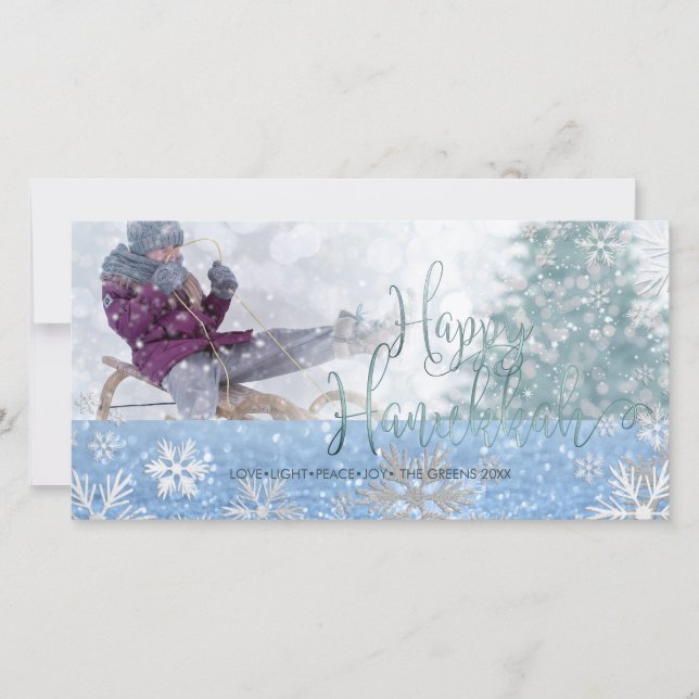 PixDezines Happy Hanukkah Snow Bokeh Holiday Card (Front)