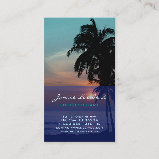 PixDezines Hawaiian Beach Sunset/Tropical Paradise Business Card (Front)