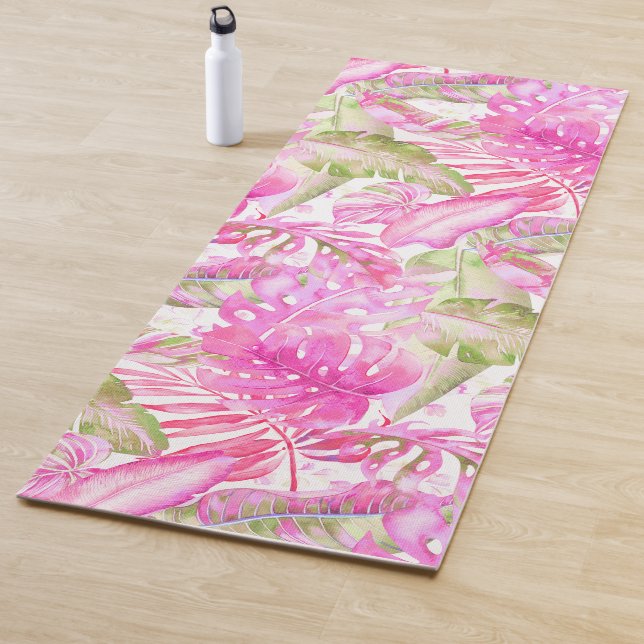 PixDezines Hawaiian Jungle Pink Green Foliage Yoga Mat (In Situ)