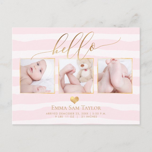 PixDezines Hello Birth Announcement/Stripes Announcement Postcard (Front)