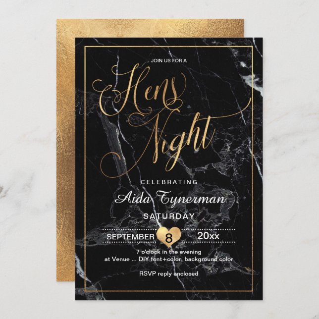 PixDezines Hens Night Faux Gold Script+Marble Invitation (Front/Back)