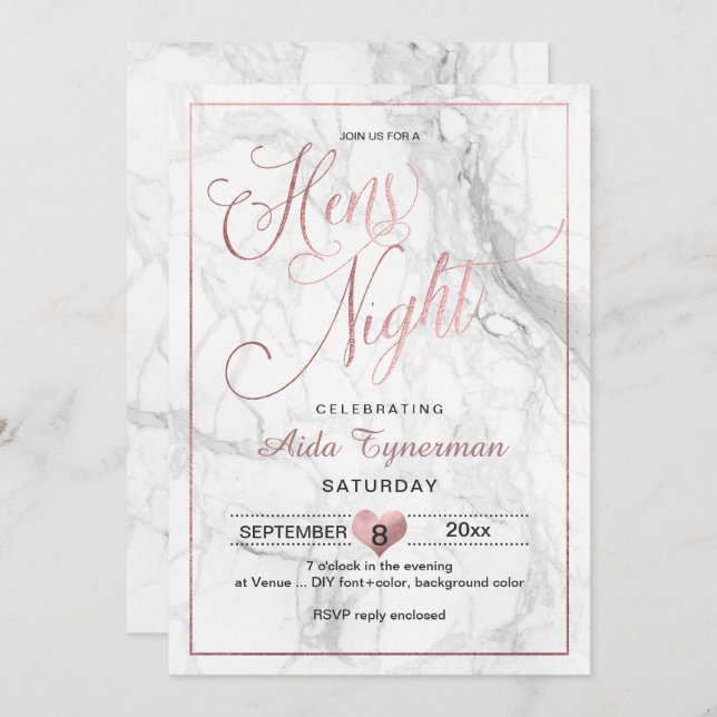 PixDezines Hens Night Faux Rose Gold Script+Marble Invitation (Front/Back)