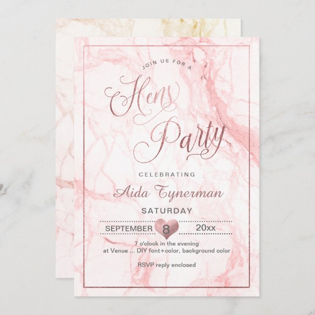 PixDezines Hens Party Faux Rose Gold Script+Marble Invitation (Front/Back)