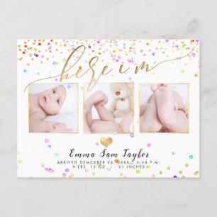 PixDezines Here I'm Birth Announcement/Confetti Announcement Postcard
