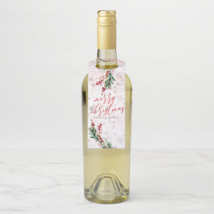 PixDezines Holly Berries Rose Gold Snowflakes Bottle Tag