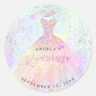 PixDezines Holographic Quinceanera Gown Glitter Classic Round Sticker