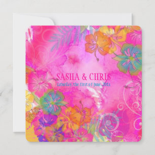 PixDezines hot pink+orange hibiscus+monstera Invitation