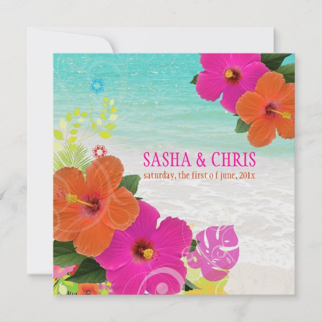 PixDezines hot pink+orange hibiscus+monstera Invitation (Front)