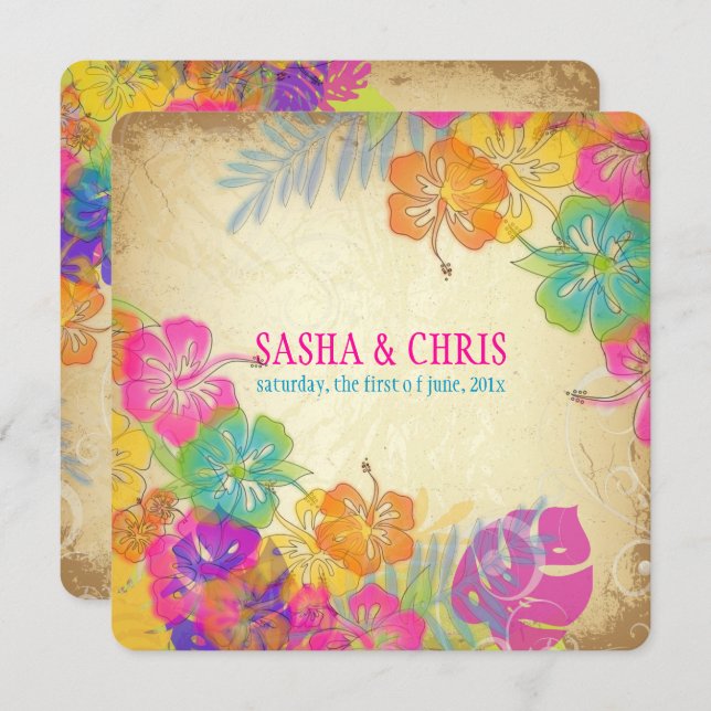 PixDezines hot pink+orange hibiscus+monstera Invitation (Front/Back)