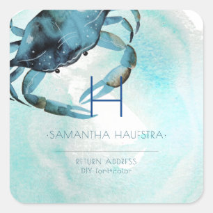 PixDezines Indigo Blue Crab Monogram Beach Square Sticker