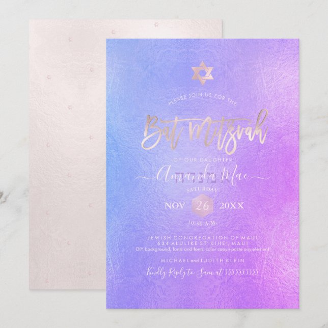 PixDezines Iridescent Purple Ombre Bat Mitzvah Invitation (Front/Back)