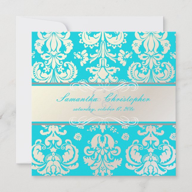 PixDezines Isabella Damask, Pearl+Aqua/DIY colour Invitation (Front)
