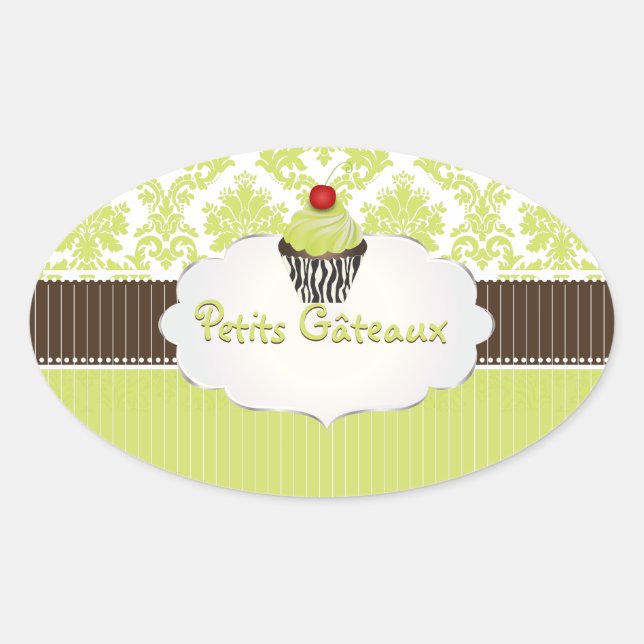 PixDezines key lime cupcake+damask/DIY colour Oval Sticker (Front)
