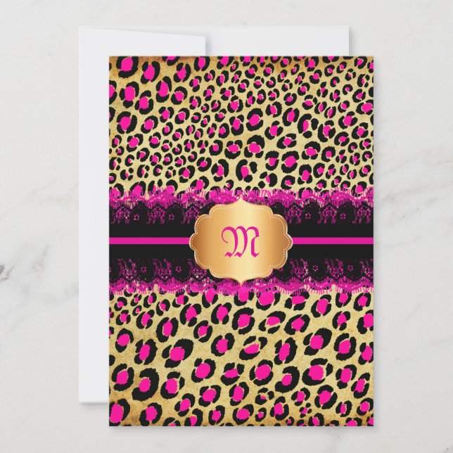 PixDezines lace+leopard spots/pink+black Invitation (Front)