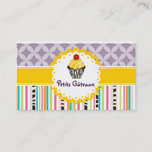 PixDezines lemon swirls cupcake+stripes Business Card (Front)