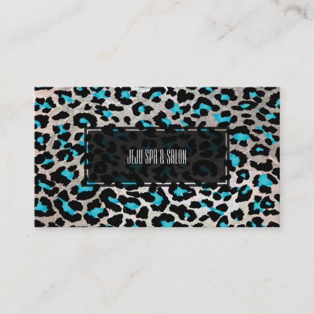 PixDezines leopard/electric teal/faux silver Business Card (Front)
