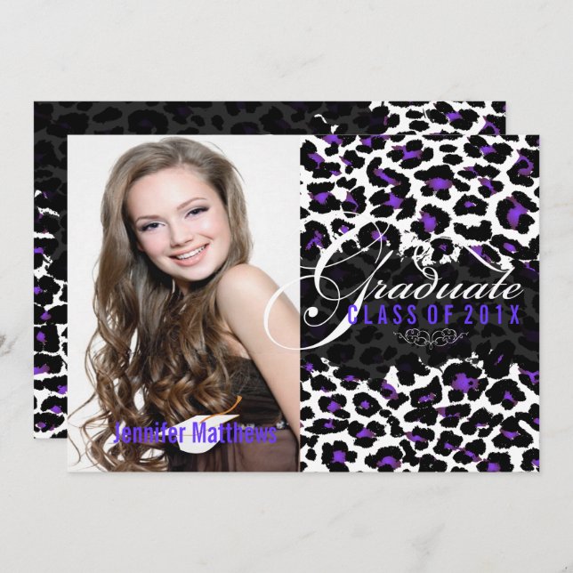 PixDezines Leopard Print Graduation, Purple Invitation (Front/Back)