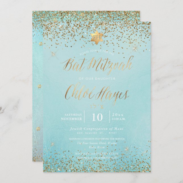 PixDezines Light Blue Gold Glitter Bat Mitzvah Invitation (Front/Back)