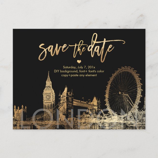 PixDezines/LONDON Save the Date/Faux Gold Announcement Postcard (Front)