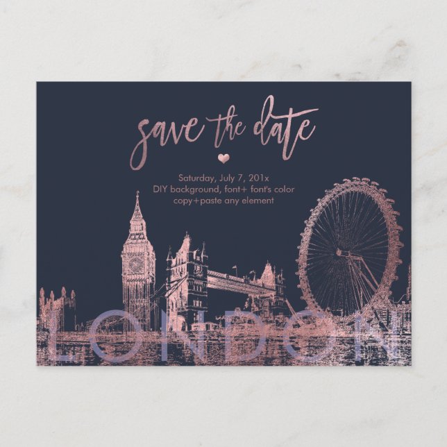 PixDezines London Save the Date/Faux Rose Gold Announcement Postcard (Front)