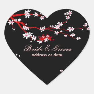 PixDezines Love birds/red cherry/sakura blossoms Heart Sticker