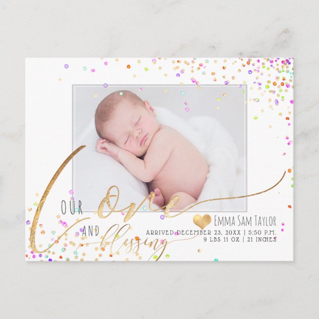 PixDezines Love Birth Announcement/Confetti Announcement Postcard (Front)