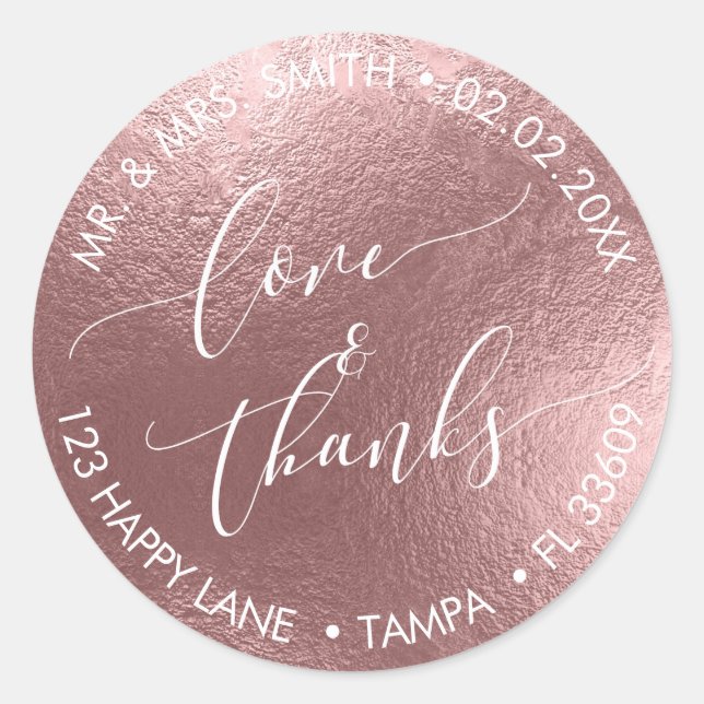 PixDezines LOVE+THANKS FAUX FOIL, ROSE GOLD Classic Round Sticker (Front)