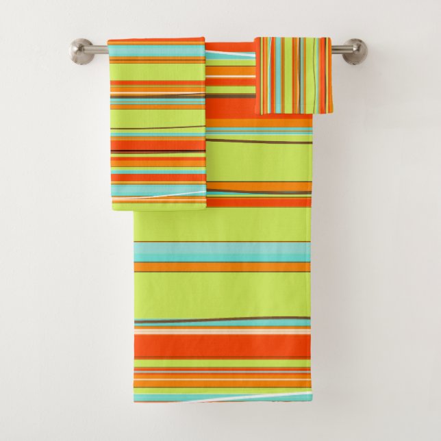 PixDezines Malibu Stripes, Lemon Lime Green Orange Bath Towel Set (Insitu)