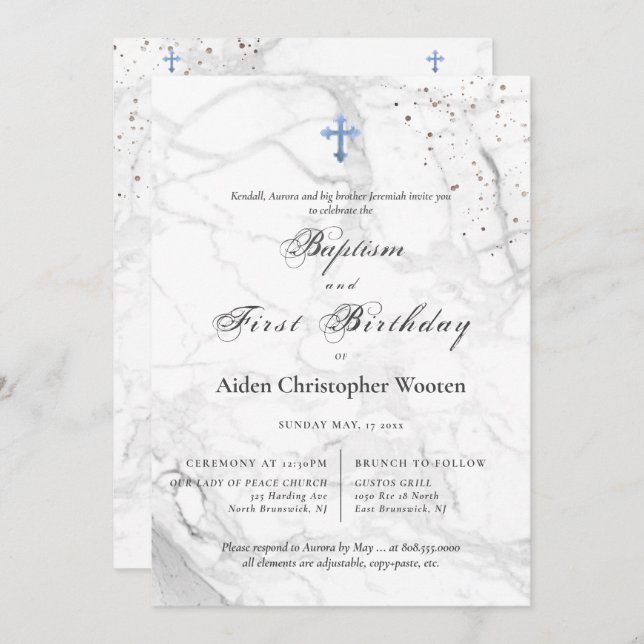 PixDezines Marble Blue Cross Baptism 1st Birthday Invitation (Front/Back)
