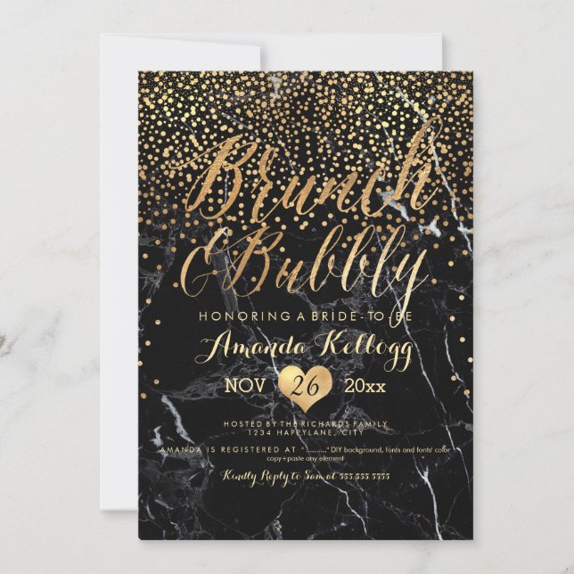 PixDezines Marble Brunch+Bubbly Dazzled/Faux Gold Invitation (Front)