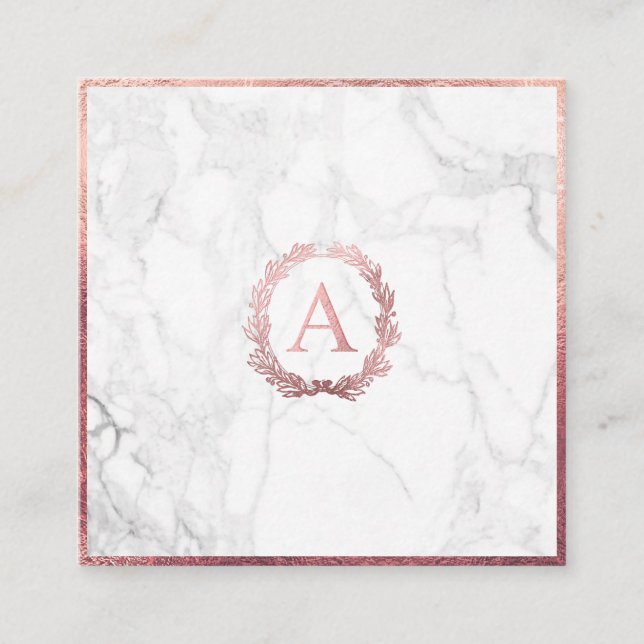 PixDezines Marble+DIY Faux Rose Gold Monogram Square Business Card (Front)