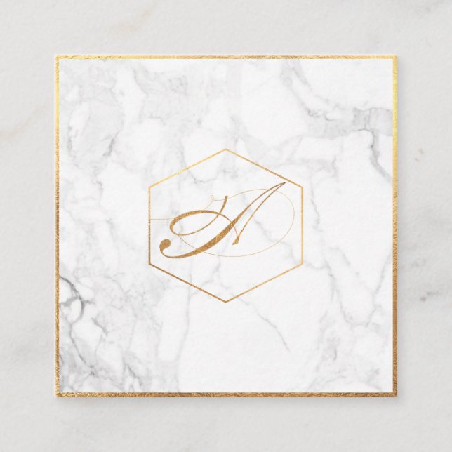 PixDezines Marble+Elegant Script Font Monogram Square Business Card (Front)