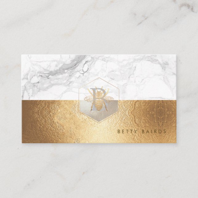 PIXDEZINES MARBLE FAUX GOLD BEE+HONEYCOMB BUSINESS CARD (Front)