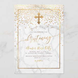 PixDezines Marble+Faux Gold Confetti/Christening Invitation