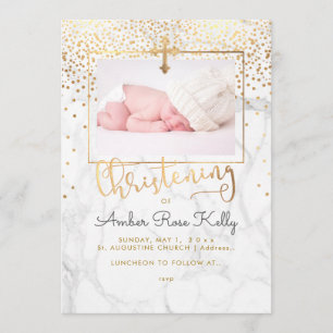 PixDezines Marble+Faux Gold Confetti Christening Invitation