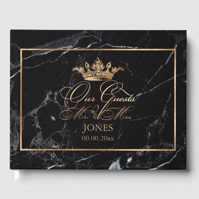 PixDezines Marble+Faux Gold Crown+Fancy Script Guest Book (Front)