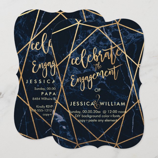 PixDezines Marble+Faux Gold Gem Facets Engagement Invitation (Front/Back)
