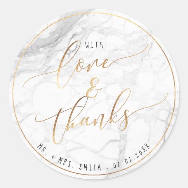 PixDezines MARBLE+FAUX GOLD, LOVE+THANKS Classic Round Sticker (Front)