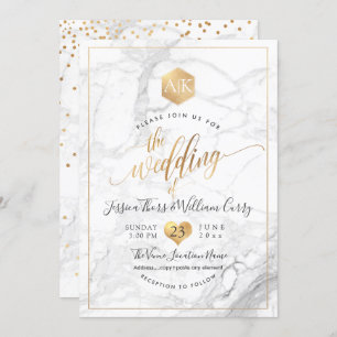 PixDezines Marble+Faux Gold Monogram Honeycomb Invitation