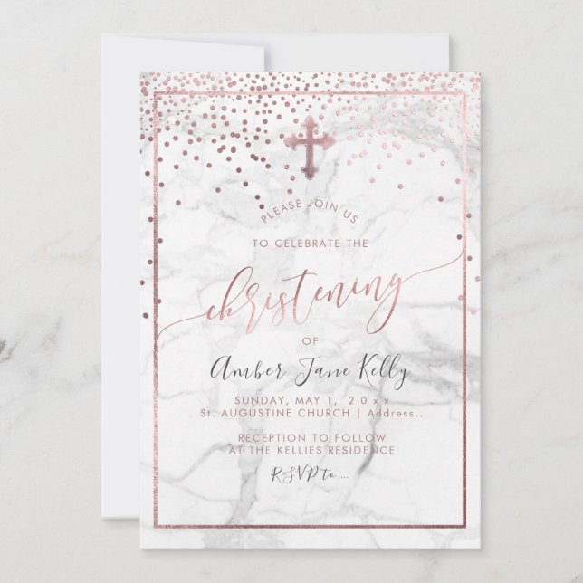 PixDezines Marble+Faux Rose Gold/Christening Invitation (Front)