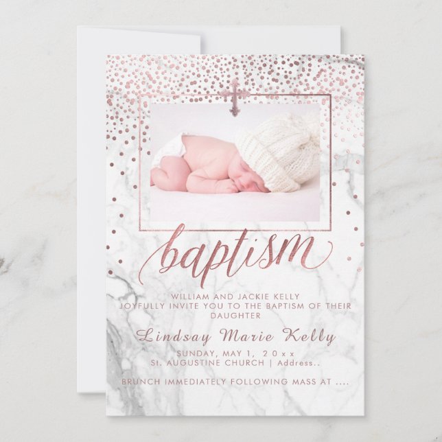 PixDezines Marble+Faux Rose Gold Confetti Baptism Invitation (Front)