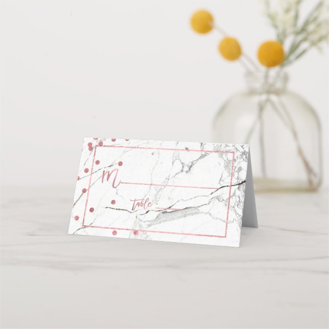 PixDezines Marble+Faux Rose Gold Confetti Place Card (Front)