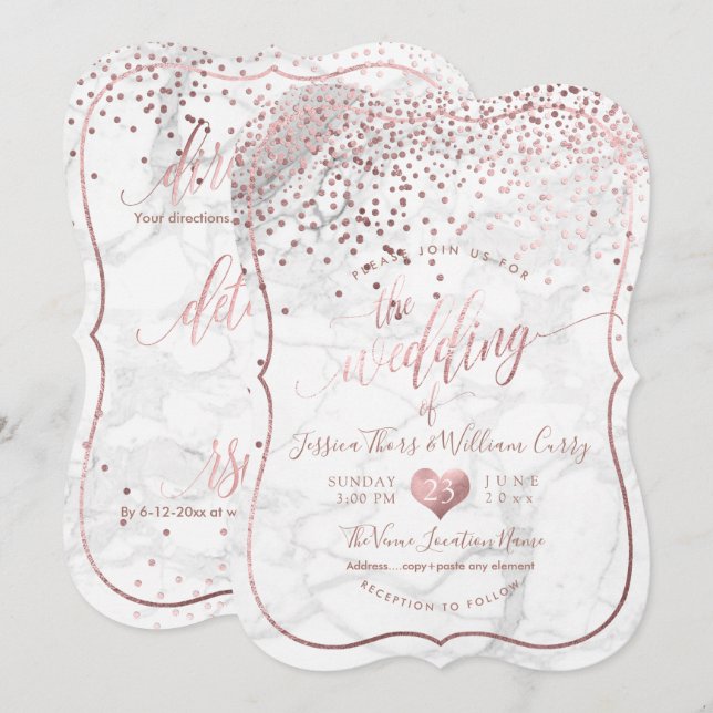PixDezines Marble+Faux Rose Gold Confetti Wedding Invitation (Front/Back)