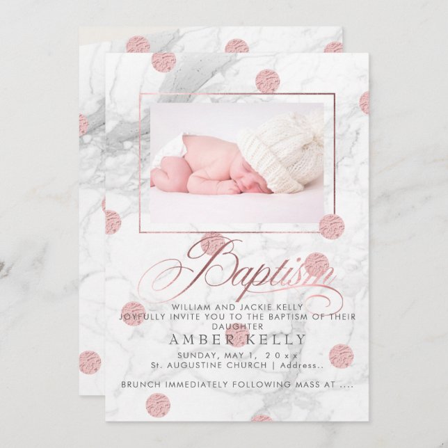 PixDezines Marble+Faux Rose Gold Dots/Baptism Invitation (Front/Back)