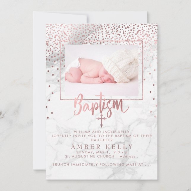 PixDezines Marble+Faux Rose Gold Dots/Baptism Invitation (Front)