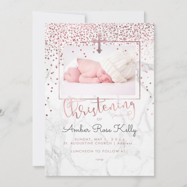 PixDezines Marble+Faux Rose Gold Dots Christening Invitation (Front)