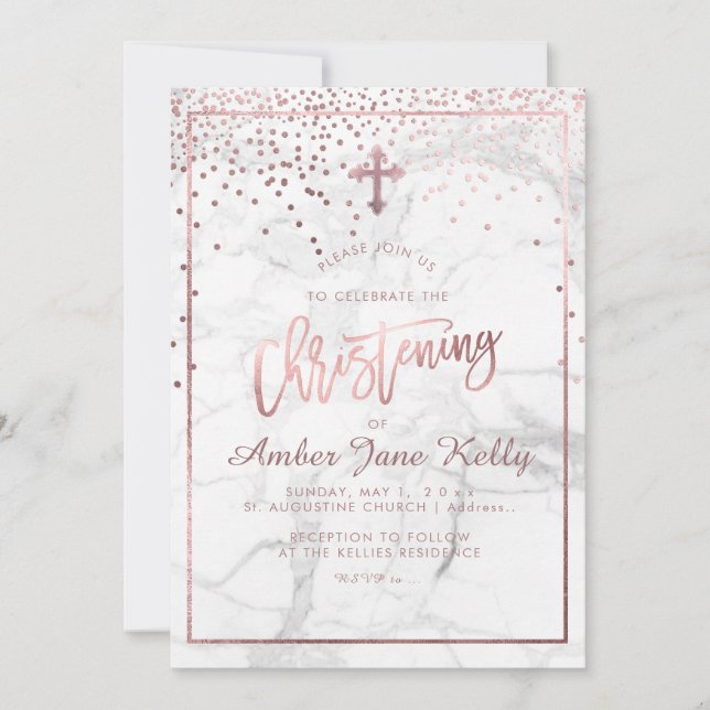 PixDezines Marble+Faux Rose Gold Dots/Christening Invitation (Front)